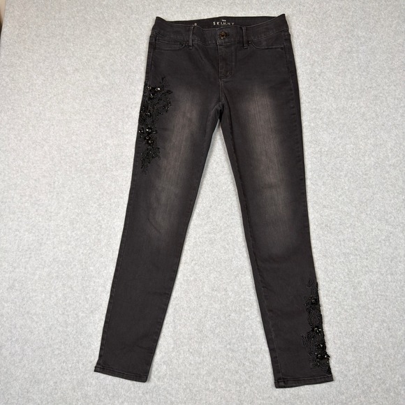 White House Black Market Denim - White House Black Market The Skinny Ankle Jeans Black Embellished Beaded Size 0